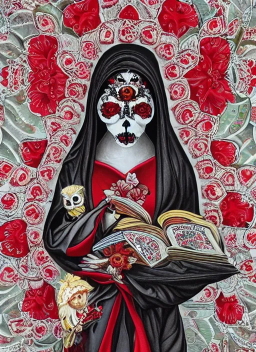 Image similar to masterpiece of Santa muerte with a book in her hand, her owl on her shoulder, and all around there are red and white flowers, guns and ammunitions offered by devotees + no crop, digital visionary art, extremely high detail, post processed,