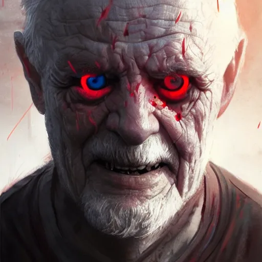 Image similar to close-up, symmetrical, portrait of an old man, glowing red eyes, bruised, scarred, marvel art, art by greg rutkowski, matte painting, trending on artstation
