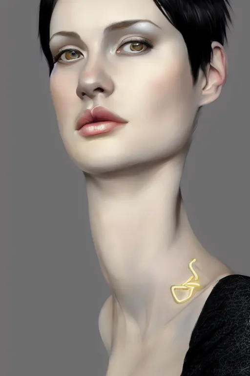 Image similar to Portrait of a beautiful pale skin Nordic female with short black hair, elegant, photorealistic, highly detailed, artstation, smooth, sharp focus, gold ornaments, neon lighting, sci-fi, art by Klimt.