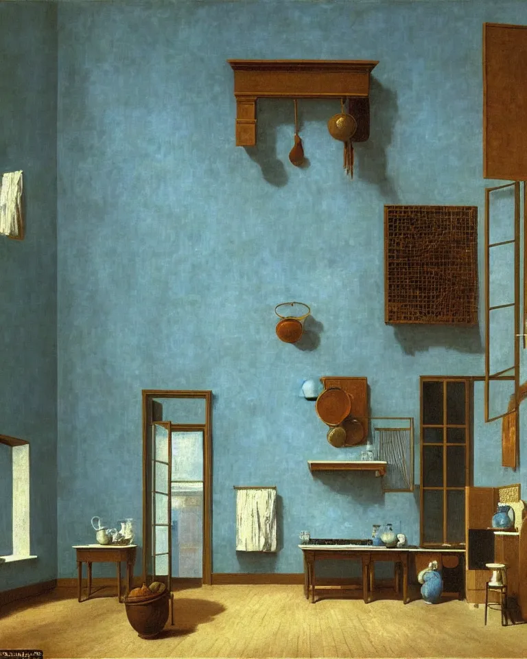 Prompt: achingly beautiful painting of a sophisticated kitchen on baby blue background by rene magritte, monet, and turner. giovanni battista piranesi.