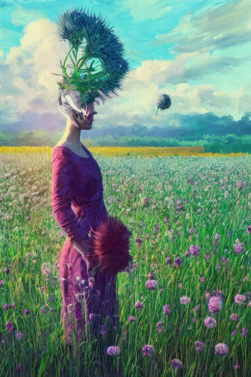 Image similar to portrait, huge thistle flower under head, a girl in a suit in field of flowers, surreal photography, sunrise, blue sky, dramatic light, impressionist painting, digital painting, artstation, simon stalenhag