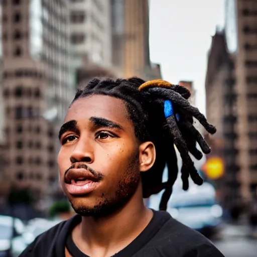 Image similar to a close up, 1 3 0 mm photo of a black boy with colored dread hair in new york street