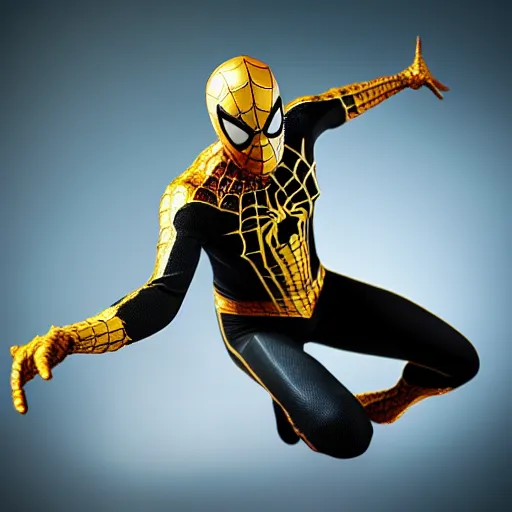 Image similar to gold spider - man suit with black web lining, cinematic, volumetric lighting, realistic, hyperdetailed, photorealistic, photograph