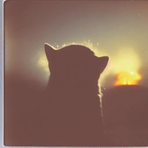 Image similar to A polaroid photo of a cat watching a mushroom cloud in the distance