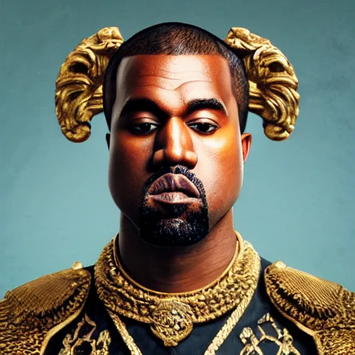 Image similar to Portrait of Kanye West as emperor napoleon, splash art, cinematic lighting, dramatic, octane render, long lens, shallow depth of field, bokeh, anamorphic lens flare, 8k, hyper detailed, 35mm film grain