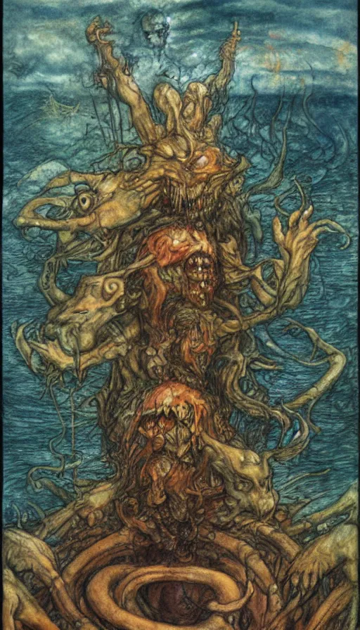 Prompt: man on boat crossing a body of water in hell with creatures in the water, sea of souls, by brian froud