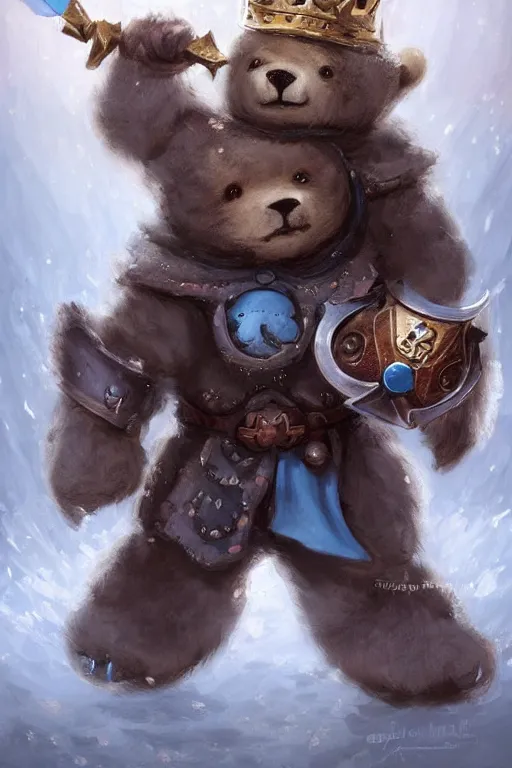 Image similar to cute little anthropomorphic bear knight wearing a cape and a crown, tiny, small, miniature bear, baby animal, short, pale blue armor, cute and adorable, pretty, beautiful, DnD character art portrait, matte fantasy painting, DeviantArt Artstation, by Jason Felix by Steve Argyle by Tyler Jacobson by Peter Mohrbacher, cinematic lighting