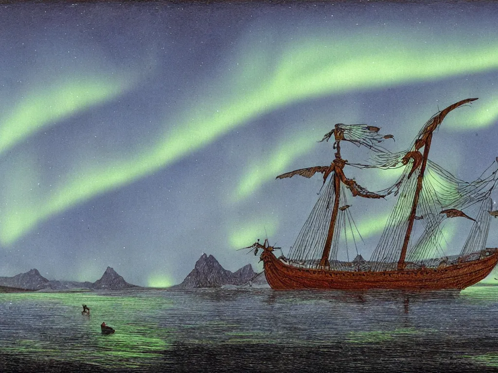 Prompt: Viking ship in the sea next to the fjords with northern lights above them in the art style of Theodor Kittelsen