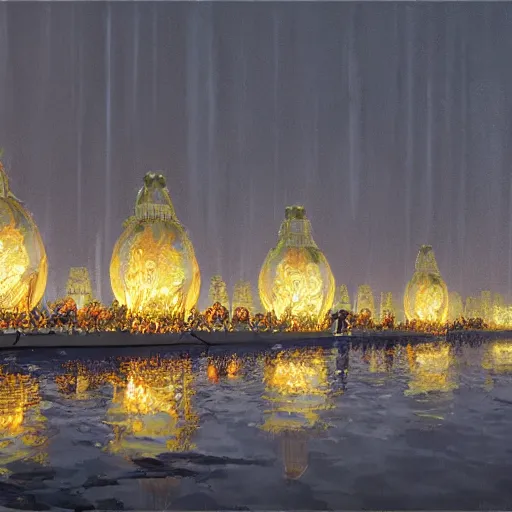 Image similar to concept art, river lanterns on the eve of ullambana festival, high resolution, by james gurney, king sejong, yi jeong, yi jing, artstation