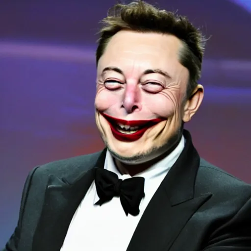 Prompt: funny face pulling competition winning funny face photo of elon musk as mr. bean as the joker from batman, pulling the move'derp banshee ', hilarious face pulling competition winner, extreme face contortion