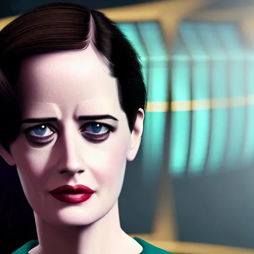 Image similar to a portrait of 3 0 year old eva green as a star fleet officer from star trek next generation, ultra rendered, extreme realism and detail, 8 k, highly detailed, realistic, completely framed, hyper realistic, colorful, direct lighting, 3 5 mm photo, photorealistic, sharp focus