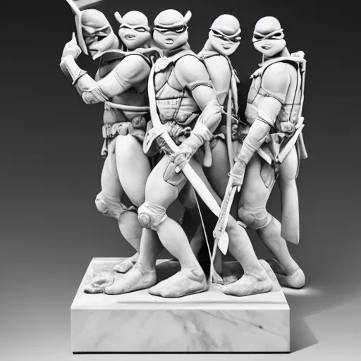 Prompt: teenage mutant ninja turtles as a sculpture from the renaissance, white marble, glossy, high details, cinematic