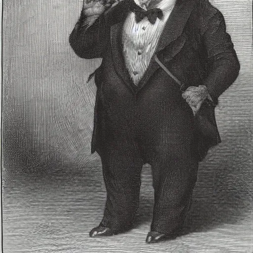 Image similar to a pig in a tuxedo, chiaroscuro, illustration by Gustave Doré,