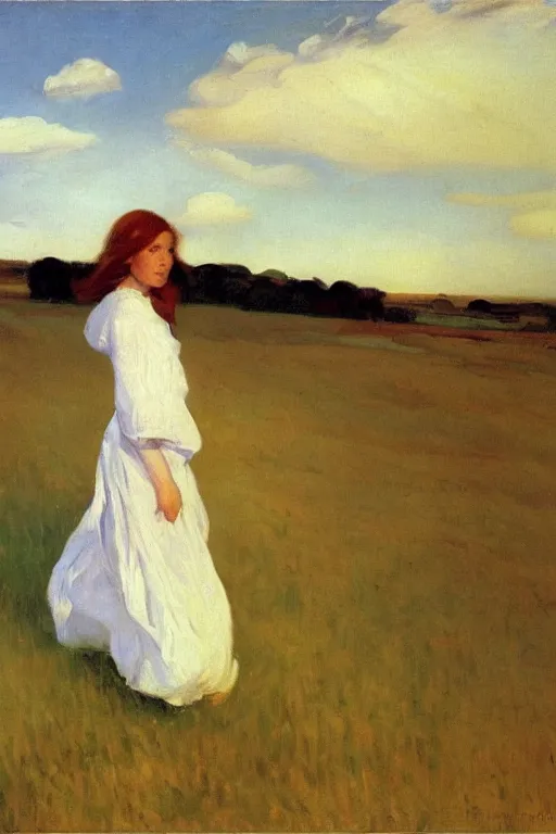 Prompt: young slender woman with long auburn hair wearing a white dress walking through a meadow at dusk, dramatic clouds in sky, wide angle, painting by Joaquín Sorolla, oil on canvas