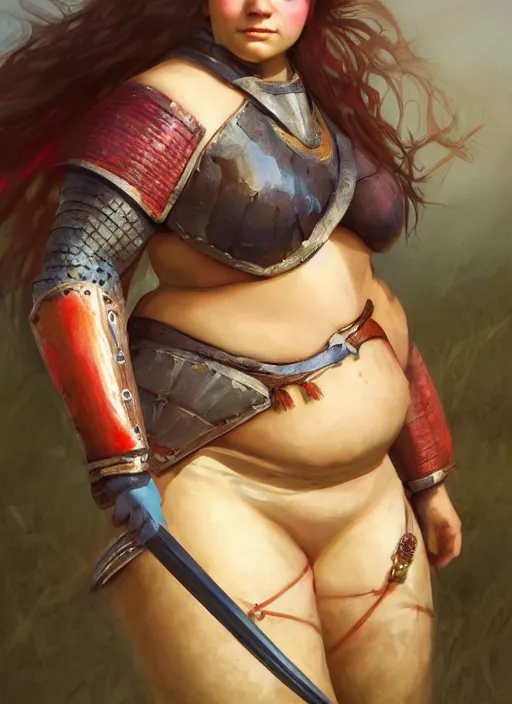 Image similar to hyper realistic photo of medieval chubby beautiful warrior girl, full body, rule of thirds, conceptart, saturated colors, brom, artstation, cgsociety