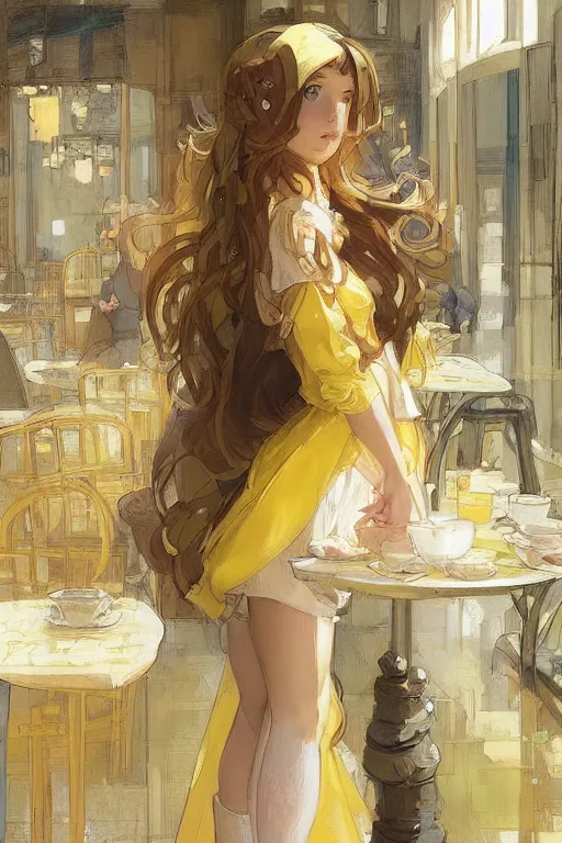 Prompt: A girl in a maid's outfit in a cafe a afternoon, wavy hair yellow theme,S line,45 angel by krenz cushart and mucha and greg rutkowski