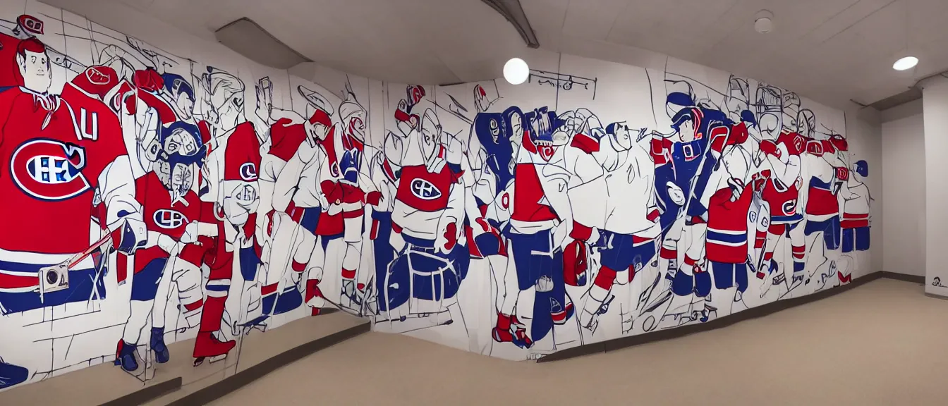 Image similar to montreal canadiens habs centre bell hockey dressing room, style of studio ghibli + moebius + basquiat, cute, detailed,