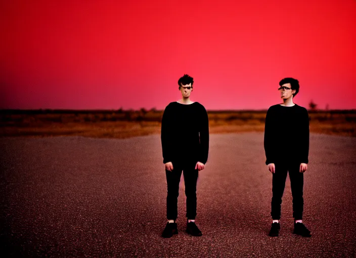 Image similar to cinestill 5 0 d closeup photographic portrait of two clones in front of a brutalist metal building, on a desolate plain, red sky, black oversized clothes, depth of field, 4 k, 8 k, hd, full color