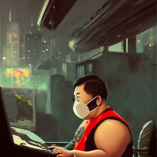 Prompt: an insanely detailed painting of a chubby asian man wearing a homemade superhero costume and mask, sitting at a computer desk typing on the keyboard, in the style of peter mohrbacher, dramatic lighting and composition, trending on artstation, concept art, comic book, graphic novel, back view