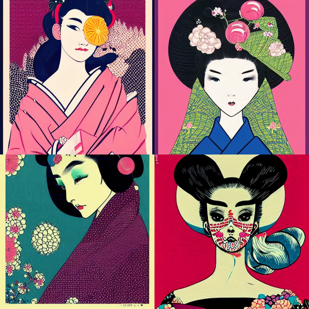 Prompt: beautiful vogue geisha by hokusai, hikari shimoda, shinsui ito, classic shoujo, neo - nihonga, in the style of 6 0's pop art, fantastic planet, risograph, minimalist poster art, screen print texture, gothic, retrofuturism, rocco, icon, skull