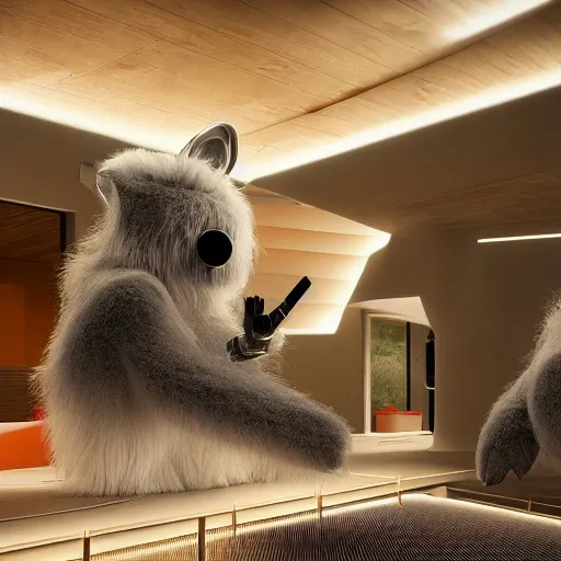 Prompt: detailed architectural render of a futuristic home furry fuzzy soft sculpture clockwork orange movie hairy surreal atmosphere inspired by postmodernism lush fun hyperreal hyperdetailed 3 d samaritual 8 k real engine