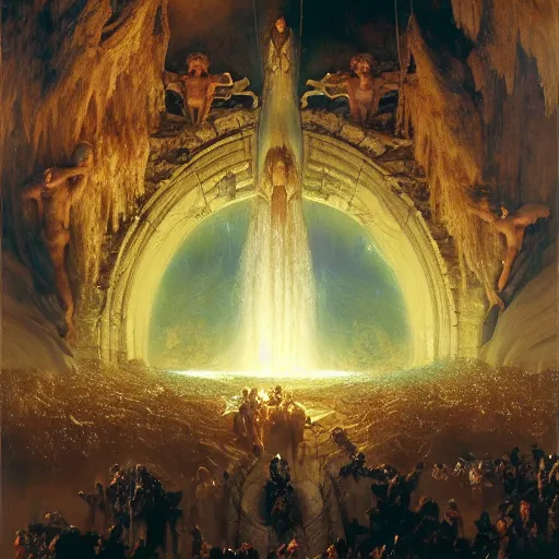 Prompt: alvah angelrune water portal to hell located in heaven, crowd of people, rule of thirds, 4 k, dark bright effect, highly detailed painting by gaston bussiere, craig mullins, j. c. leyendecker