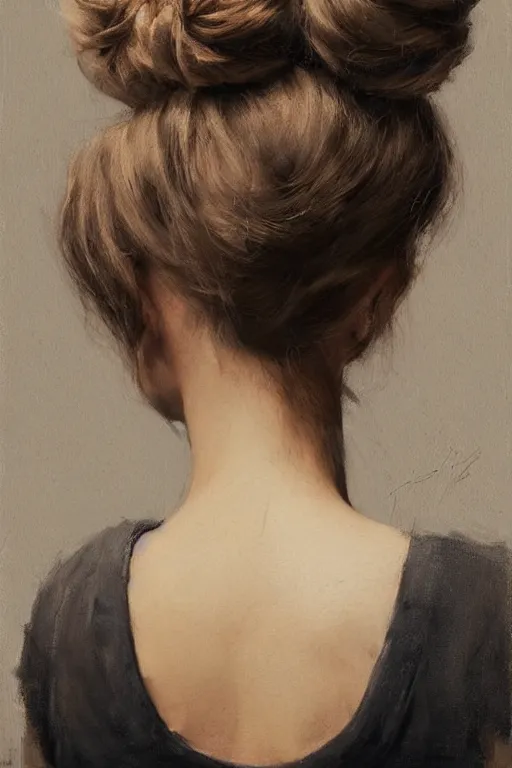 Image similar to girl with messy bun hairstyle, back view, tattoo sleeve, jeremy lipking, joseph todorovitch