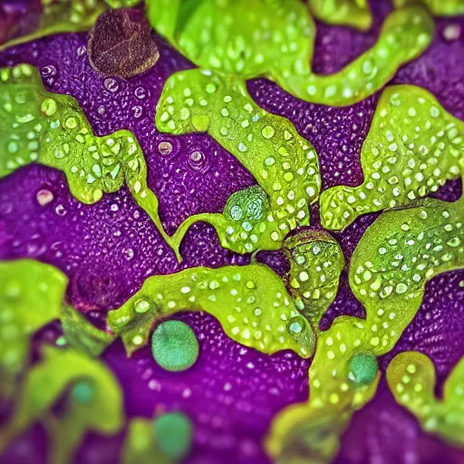 Prompt: nature shot of alien jungle fruit covered in dew drops floating atop shimmering waters, looming milky purple mist in the background, vines, tendrils, lotus style and shape in tilt shift, low angle by kazuya takahashi