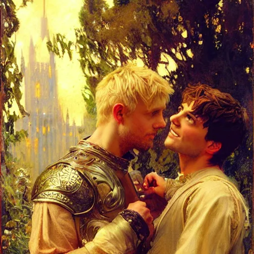 Image similar to attractive arthur pendragon in love with attractive male merlin. highly detailed painting by gaston bussiere, craig mullins, j. c. leyendecker