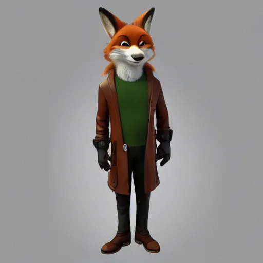 Prompt: 3 d render, portrait, anthropomorphic fox, male, in a brown leather maxi jacket, in the style of zootopia, closeup