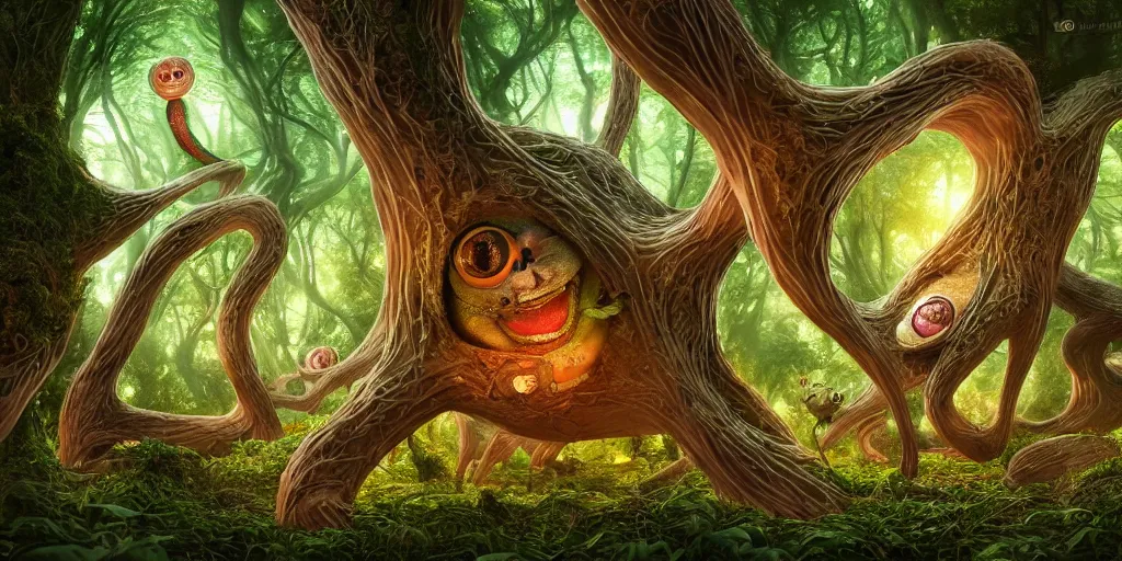 Image similar to of an intricate forest with strange cute friendly happy creatures with huge eyes, mouth, long tongue, round teeth and goofy face, appearing from the background, in the style of gehry and gaudi, macro lens, shallow depth of field, ultra detailed, digital painting, trending artstation, concept art, illustration, cinematic lighting, photorealism, epic, octane render