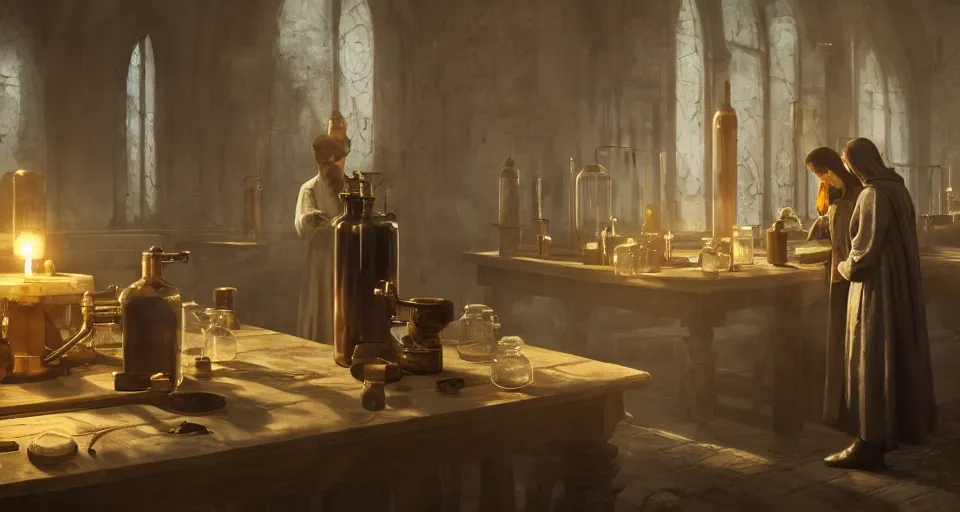 Prompt: two medieval alchemists working in dusty old laboratory with flasks and glassware, candles on the walls, the feeling of grimdark and secrecy, darkmagic in the air, style of Greg Rutkowski. 8k Hyperrealistic, octane render, unreal engine