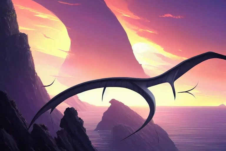 Prompt: a closeup of a large smooth skinned white creature hybrid pterosaur alien, small quills along it's back, long fangs, sitting on a cliff high in the sky, sunset, backlit, beautiful composition, over a rocky shore, jagged rocks in the far distance, by makoto shinkai an krenz cushart