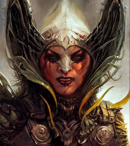 Prompt: a evil female half - orc fantasy priestess, art by karol bak and mark brooks and greg rutkowski, centered