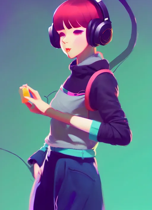 Image similar to female character inspired by 9 0's fashion and by madeline from celeste, art by rossdraws, wlop, ilya kuvshinov, artgem lau, sakimichan and makoto shinkai, concept art, headphones