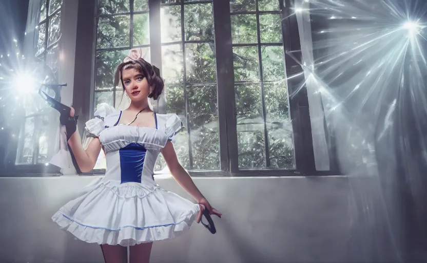 Prompt: a french maid, cinematic, 3 6 0 panorama, lens flare, 4 k, 8 k, 1 6 k, 3 2 k, ultra - hd, super - resolution, megapixel, natural lighting, sunlight, cinematic lighting, studio lighting, volumetric, full body photoshoot