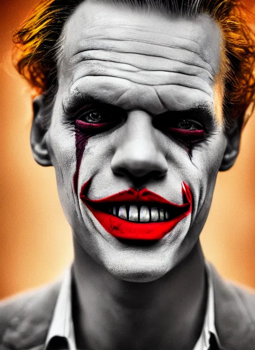 Prompt: photo of Bill Skarsgard as the Joker by Eolo Perfido and Lee Jeffries, smile, head shot, detailed, award winning, Sony a7R
