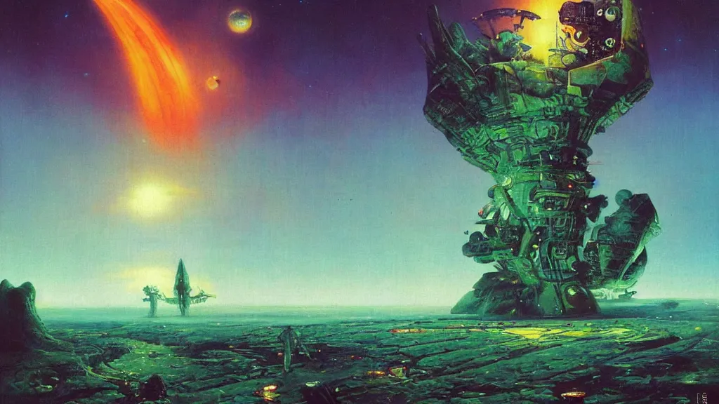 Image similar to a tall spaceship landing on a strange eerie alien planet by Paul Lehr and Bruce Pennington