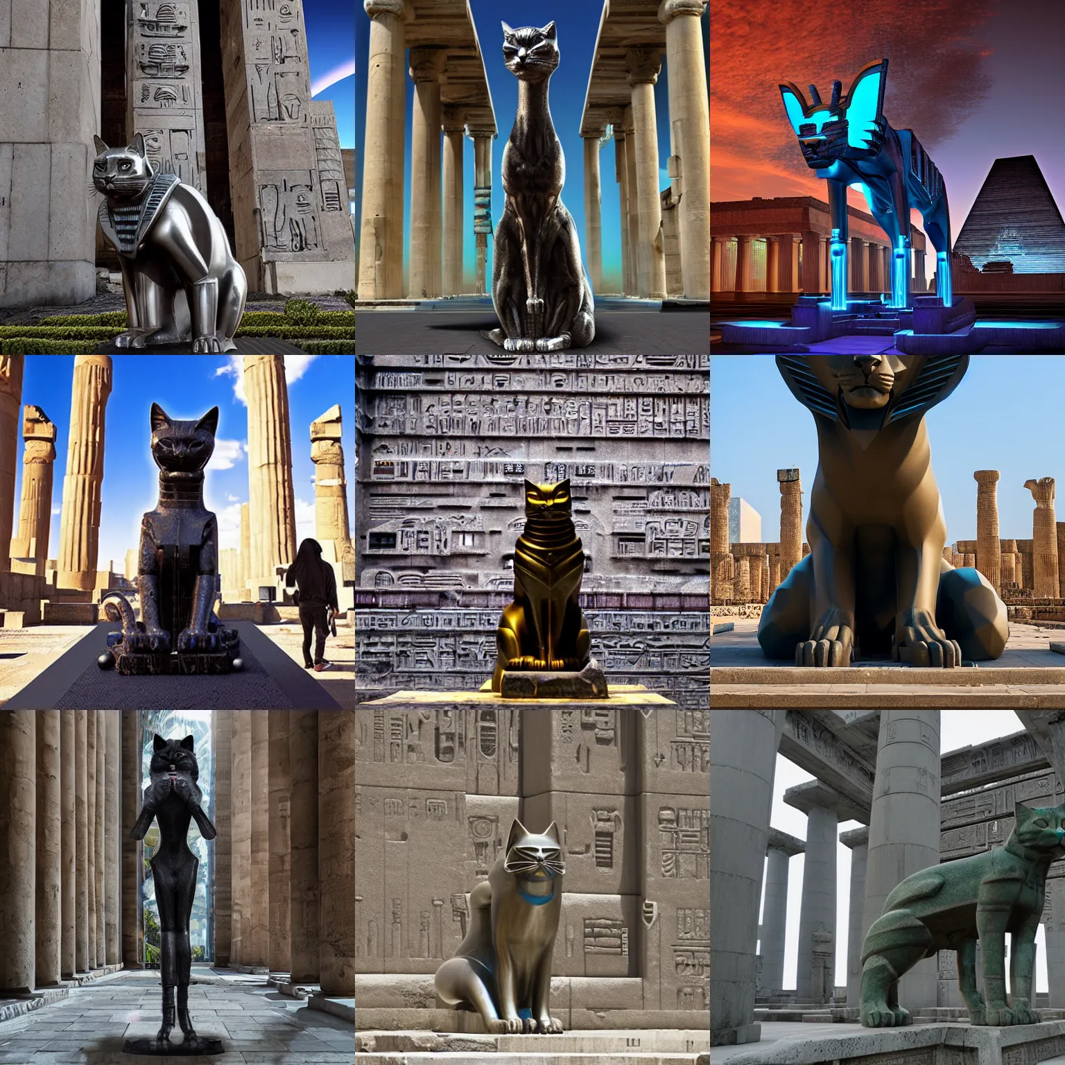 Prompt: giant cyberpunk cat statue. Cybernetics. Synthwave. Egyptian temple. 8k resolution.