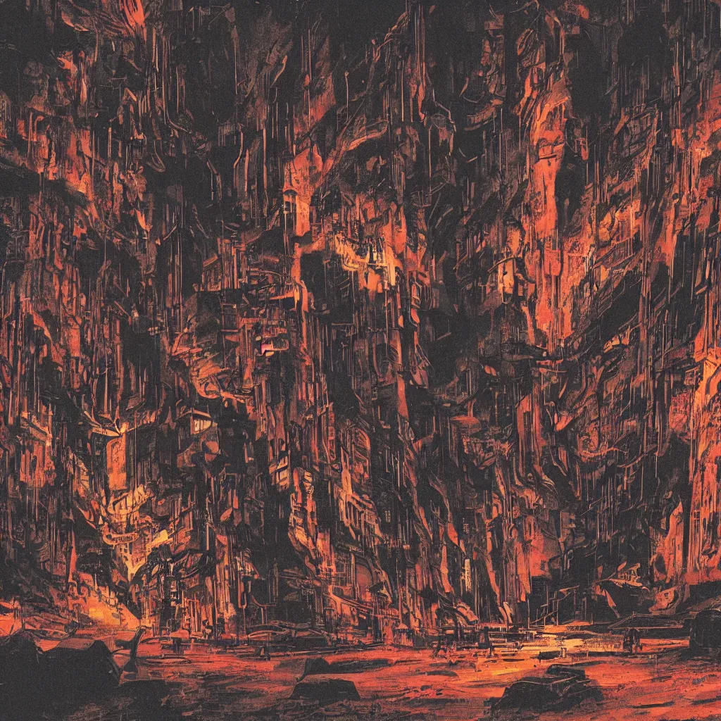 Image similar to a cave painting of a cyberpunk cave