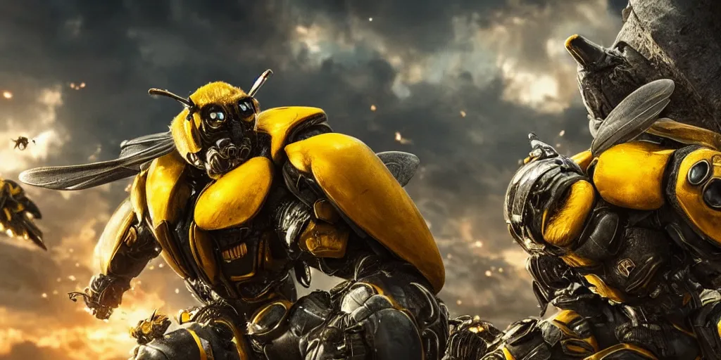 Image similar to HUGE BUMBLEBEE VERSUS THE EARTH, realistic 4k octane beautifully detailed render, 4k post-processing, highly detailed, intricate complexity, epic composition, magical atmosphere, cinematic lighting, masterpiece, ultra hd