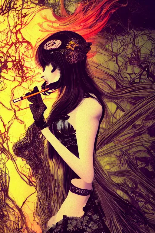 Image similar to Gothic girl smoking a cigarette, 60s kitsch and psychedelia, dark background. digital art. amazing quality. perfect lighting. Professional design. Great composition. by Ayami Kojima and Tomoyuki Yamasaki and Tsutomu Nihei, octane render, award winning art. impressive colors. trending on artstation. James Ensor style