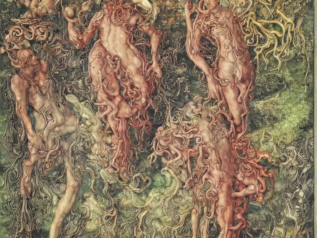 Prompt: Gods of the lungs. Painting by Lucas Cranach, Moebius, Ernst Haeckel