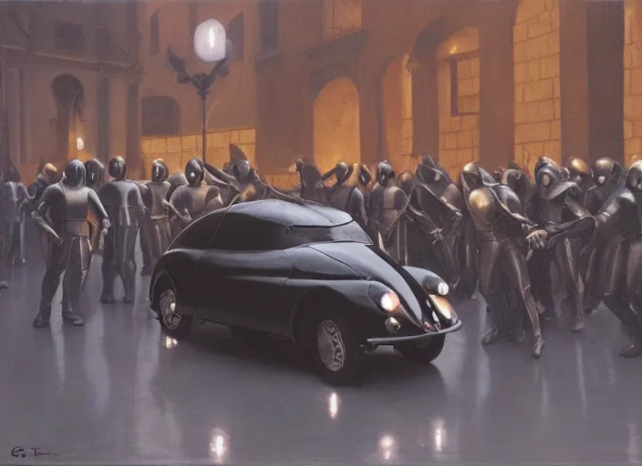 Image similar to knight in armor, st. vitus'dance at a black 1 9 5 5 citroen ds 1 9 with the headlights on, parked on the side of the road in the city of rome while it is raining, by george tooker, moody, sinister, lighting, hyperrealistic