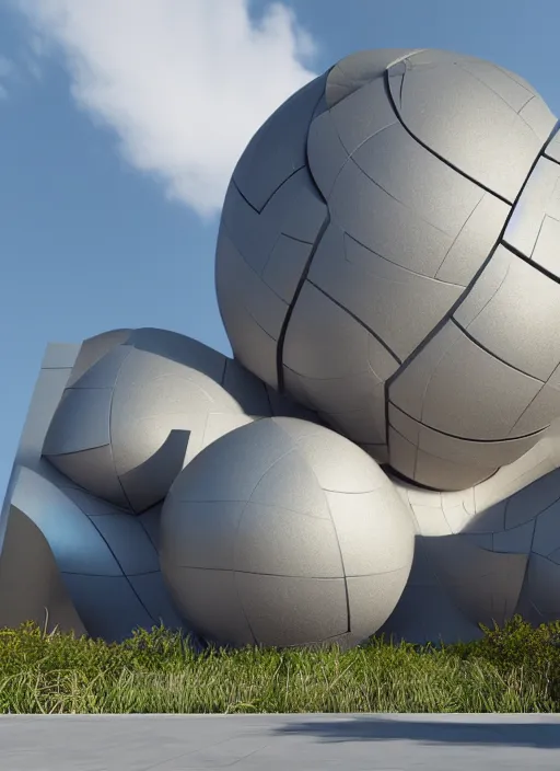 Prompt: highly detailed realistic architecture 3 d render of a futurisctic stele monument made from spheres in frank gehry style standing near a highway, archdaily, made in unreal engine 4 octane render