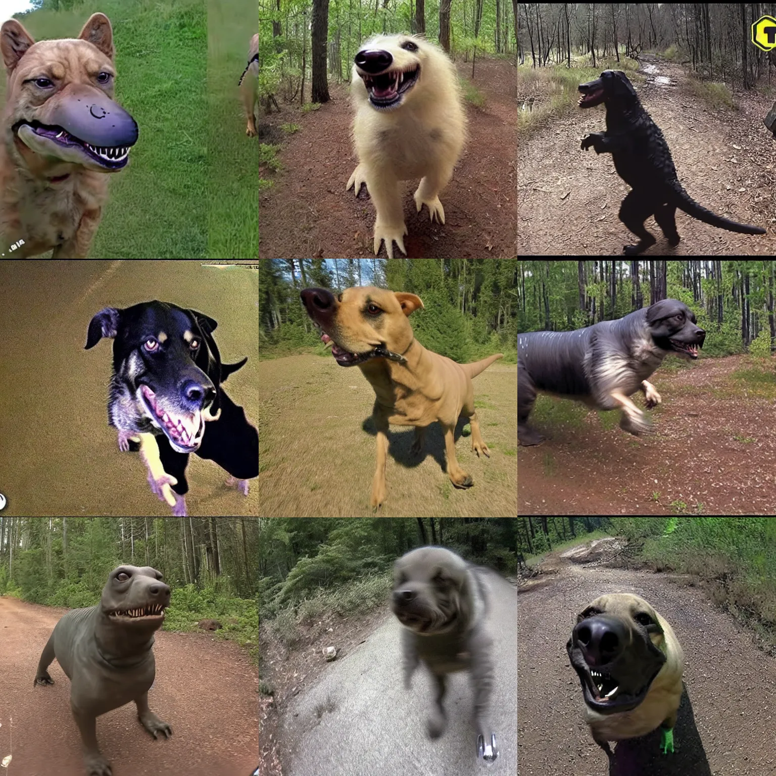 Prompt: a t - rex disguised as a dog, trailcam footage