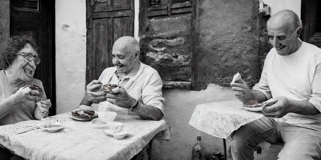 Image similar to photography of a cat sharing mortadella with his happy owner at a trullo house, photoreal, 3 5 mm, award winning photography