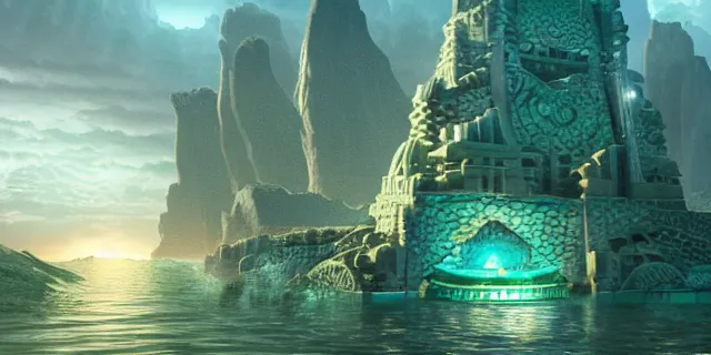 Image similar to emerald tablet, epic large underwater city, highly detailed, photorealistic, octane render, beautiful, glorious, matte painting