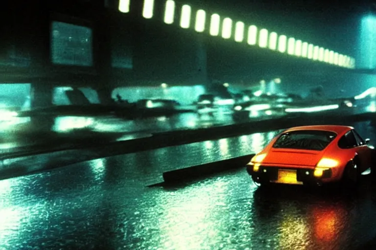 Image similar to a single 1 4 8 0 porsche 9 1 1, speeding down tokyo highway in the rain, night time, lightning, movie still from bladerunner