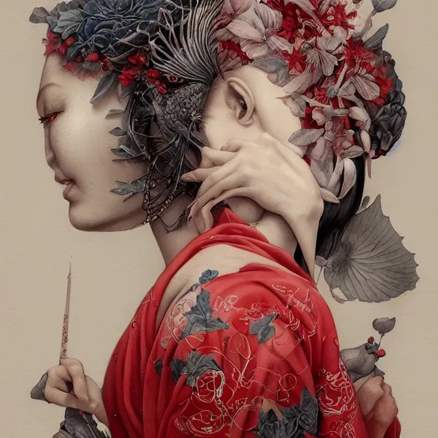 Image similar to ultra realistic illustration, beautifulwoman dressed in red kimono, backview, tattoos, in the style of peter mohrbacher by weta digital and beth cavener, high face symmetry, intricate, masterpiece, award winning, high face symmetry, intricate